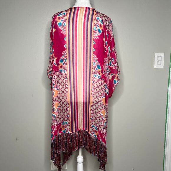 Chico's Colorful Pink Kimono Cover-Up Linen Blend Boho Fringe Beach Resort L/XL - Picture 7 of 11